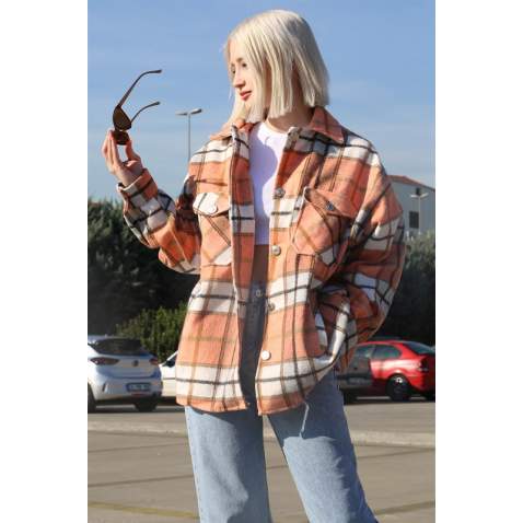 Mad Girls Orange Oversize Women Lumberjack Shirt MG042 - Turuncu