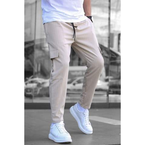 Men Striped Beige Cargo Trousers - Bej