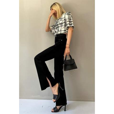 Women Black Side Slit Cuff Jeans - Siyah