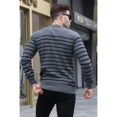 Anthracite Striped Knitwear Sweater 5992 - Antrasit