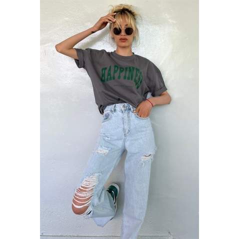 Women Printed Oversize Smoke Gray T-Shirt MG1230 - Füme