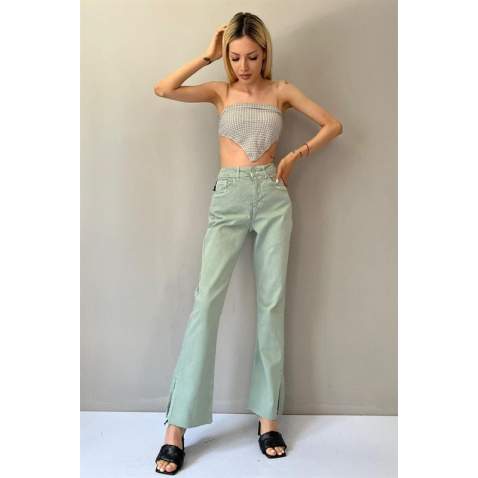 Women Almond Green Side Slit Cuff Jeans - Mint yeşili