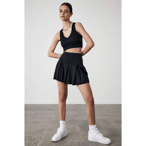 Women Black Pleated Basic Mini Tennis Skirt - Siyah