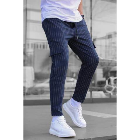 Men Striped Navy Blue Cargo Trousers - Lacivert