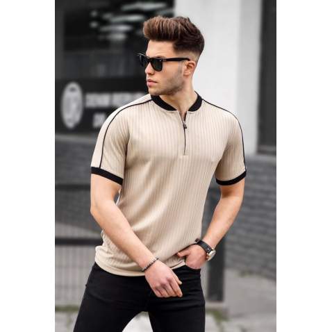 Men Beige Zip Neck T-Shirt - Bej