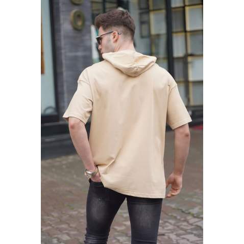 Men Beige Oversize Hoodie T-Shirt 5853 - Bej