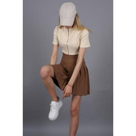 Women Basic Pleated Brown Skirt MG1484 - Kahverengi