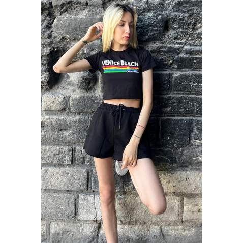 Black Printed Crop T-Shirt MG1535 - Siyah