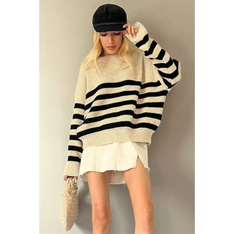 Beige Striped Sweater MG1258 - Bej