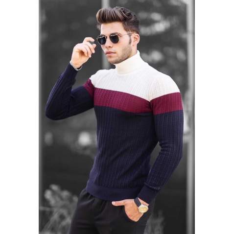 Madmext White Three-Tone Roll Neck Jumper 4678 - Beyaz