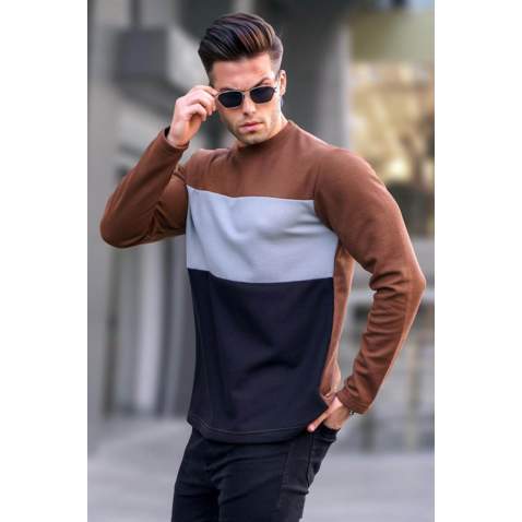 Brown Color Block Printed Sweatshirt 6015 - Kahverengi