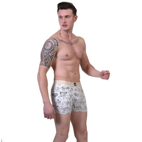 Beyaz Baskılı Pamuk Penye Boxer Brief Rahat Baksır Şort