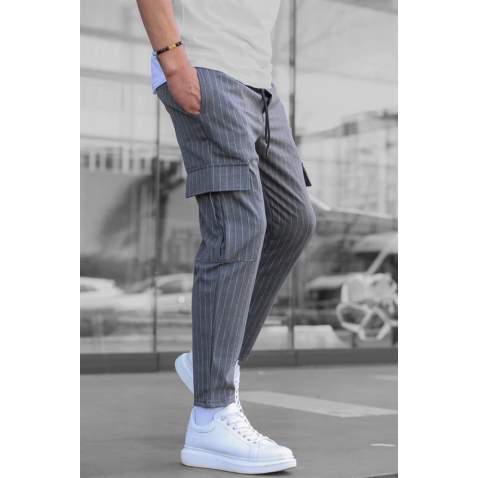 Men Striped Anthracite Cargo Trousers - Antrasit