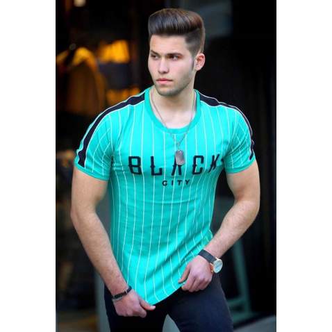 Madmext Turquoise Striped T-shirt for Men 3083-1 - Yeşil