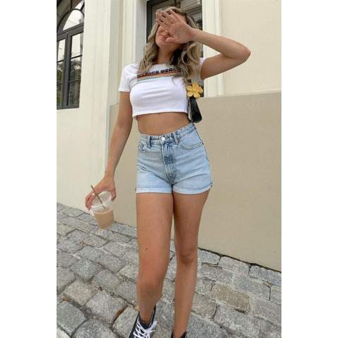 White Printed Crop T-Shirt MG1535 - Beyaz