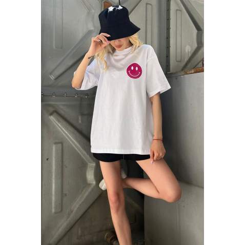 Women Printed White Oversize T-Shirt - Beyaz