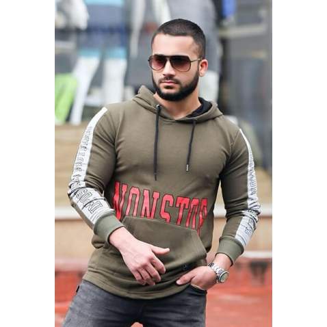 Madmext Men Printed Khaki Hoodie Sweatshirt 2766 - Haki