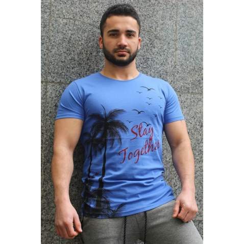 Madmext Blue Printed T-shirt for Men 3026 - Sax mavi