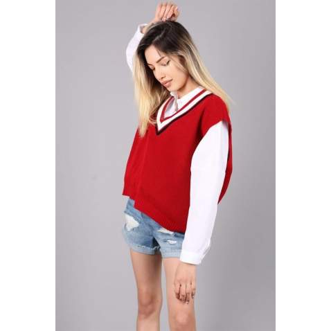 Women Striped Red Sweater - Kırmızı