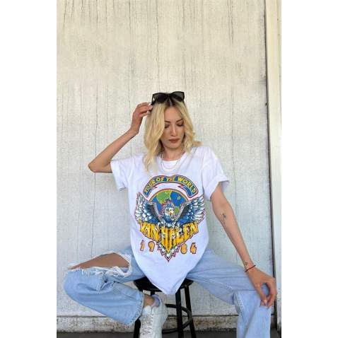 Women Printed White Over Fit T-Shirt MG1509 - Beyaz