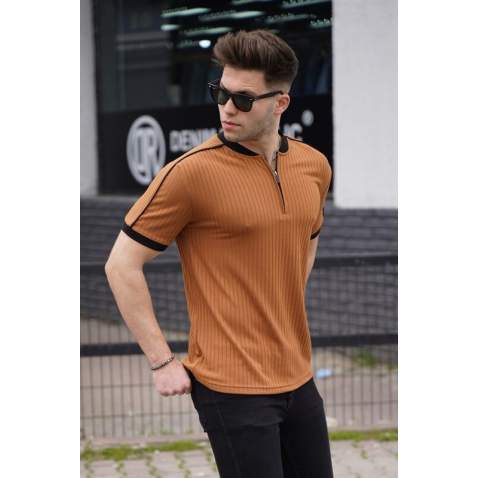 Men Camel Zip Neck T-Shirt - Camel