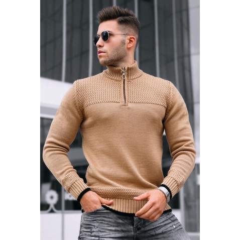 Madmext Men Beige Zip Sweater 5613 - Bej