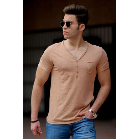 Madmext Camel Basic V Neck T-shirt for Men 4508 - Camel