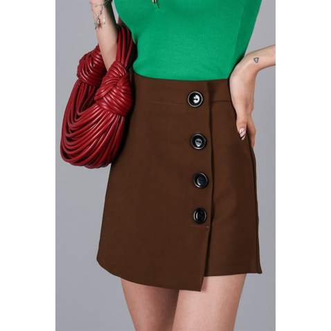 Women Brown Side Button Mini Skirt - Kahverengi