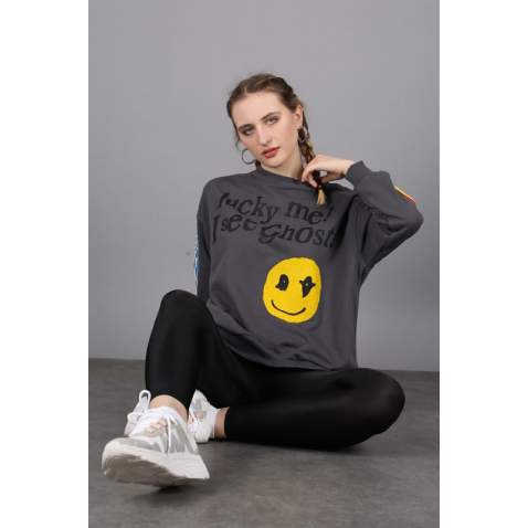 Mad Girls Printed Oversize Smoke Gray Sweatshirt Mg1207 - Antrasit