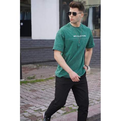 Men Printed Green Oversize T-Shirt - Yeşil