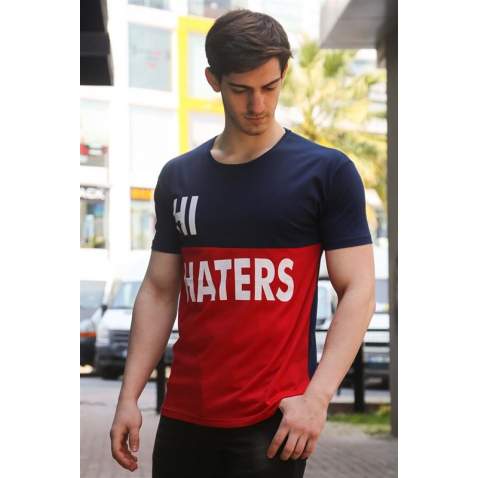 Madmext Navy Blue Two-Tone Printed T-shirt for Men 3089 - Lacivert