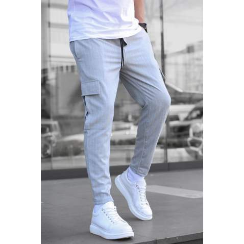 Men Striped Gray Cargo Trousers - Gri