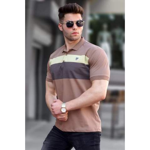 Men Striped Brown Polo T-Shirt 5864 - Kahverengi