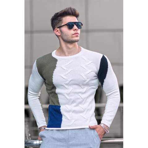 Madmext White Knitting Two-Tone Crewneck Jumper 2770-6 - Beyaz