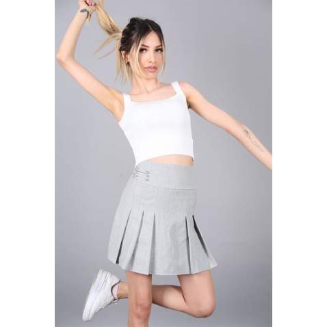 Women Striped Gray Pleated Mini Skirt MG1451 - Gri