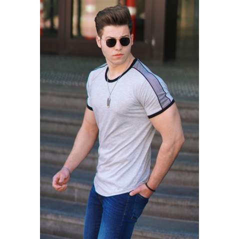 Madmext Men Shoulder Stripe Gray T-shirt 4101 - Gri