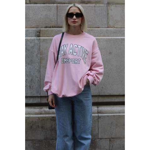 Pembe Baskılı Oversize Kadın Sweatshirt MG1564 - Pembe