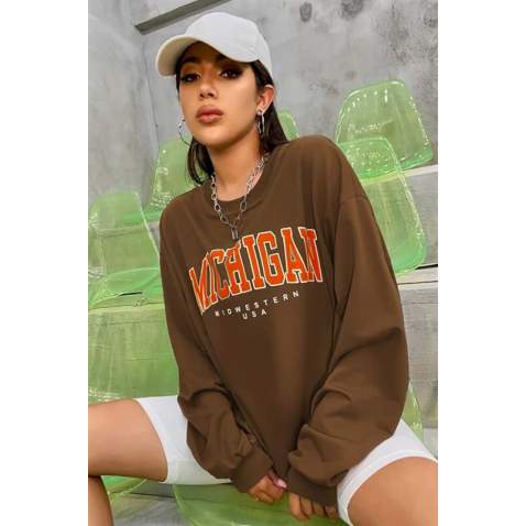 Mad Girls Printed Brown Sweatshirt MG785 - Kahverengi