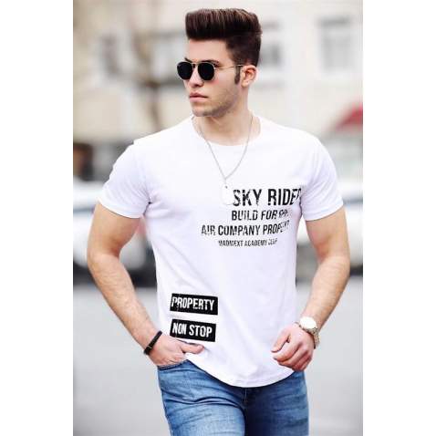 Madmext White Printed T-shirt for Men 4457 - Beyaz