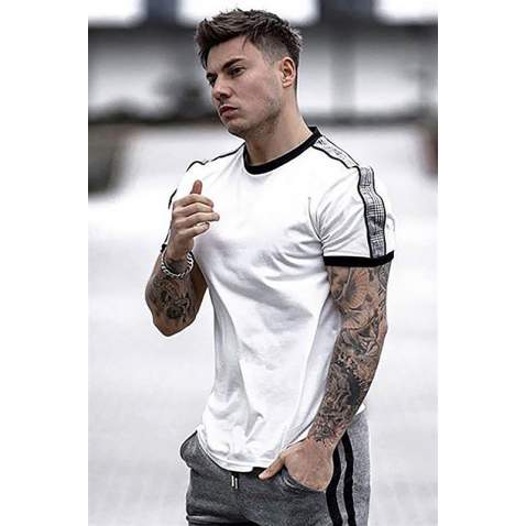 Madmext Men Shoulder Stripe White T-shirt 4101 - Beyaz