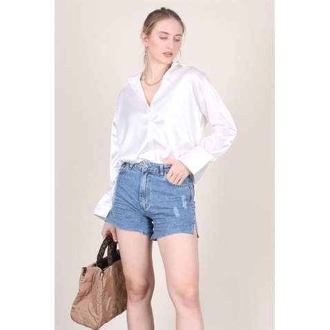 Mad Girls White Satin Shirt MG1104 - Beyaz