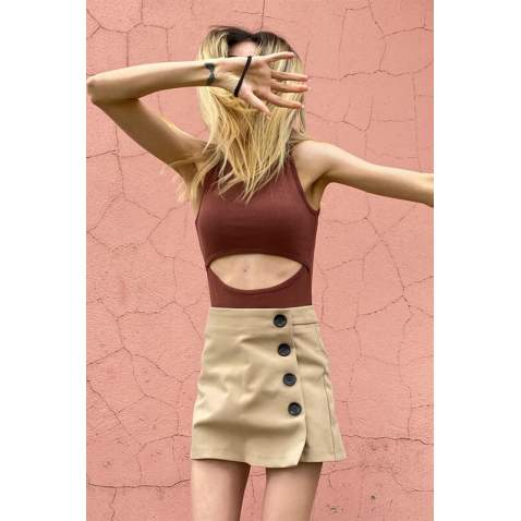 Women Black Side Button Mini Skirt - Camel