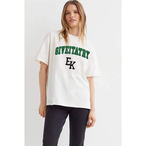 Women Printed Oversize White T-Shirt Mg1318 - Beyaz