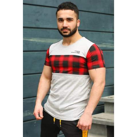 Madmext Grey Plaid T-shirt for Men 3004 - Beyaz