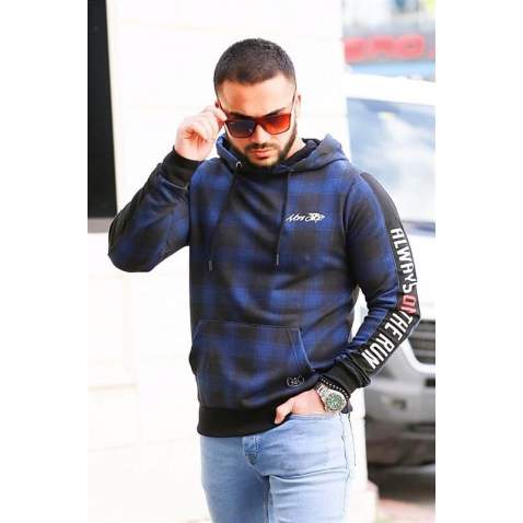 Madmext Navy Blue Check Hoodie 2688 - Lacivert