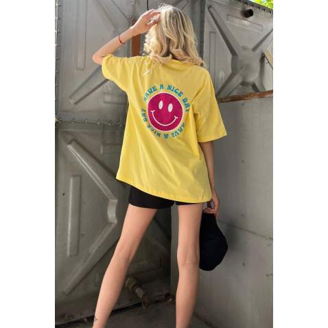 Women Printed Yellow Oversize T-Shirt - Sarı