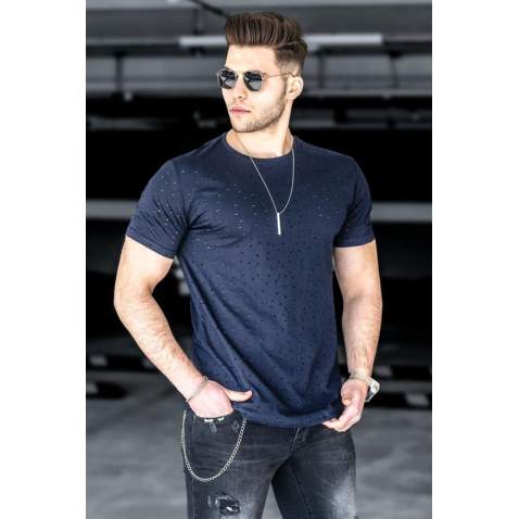 Madmext Men Ripped Navy Blue T-shirt 2883 - Lacivert