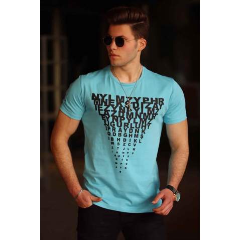 Madmext Turquoise Letter Printed T-shirt for Men 4471 - Turkuaz