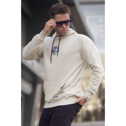 Bej Arka Baskılı Kapüşonlu Sweatshirt 6040 - Bej