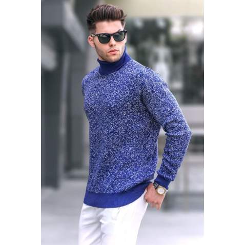 Light Navy Blue Designed Knitted Sweater 5765 - Açık lacivert